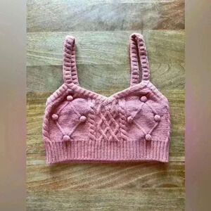 For Love & Lemons Peach Coral Cable Knit Crop Top XXS Pom Pom Details